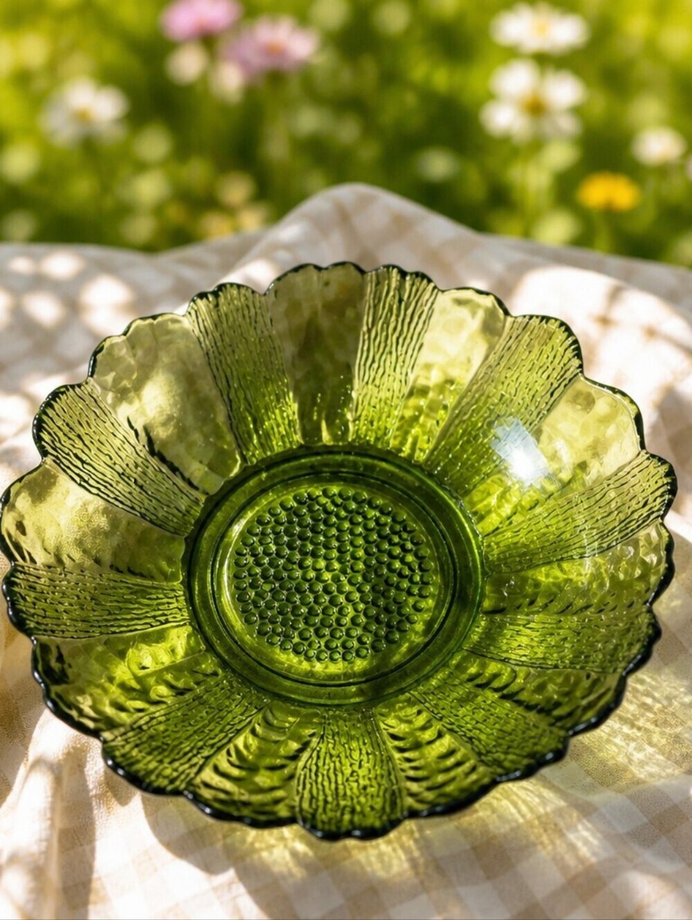 Indiana Glass Bowl Avocado Green Flower Lettuce Design Candy Dish
